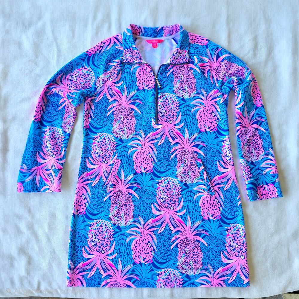 Lilly Pulitzer XL Skipper Popover Dress pineapple Borealis Blue Tropic Down Low